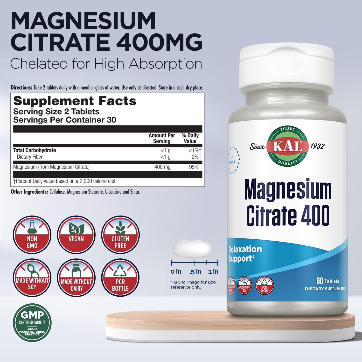 KAL Magnesium Citrate 400mg Vegan Gluten Free 60 Veg Tablets