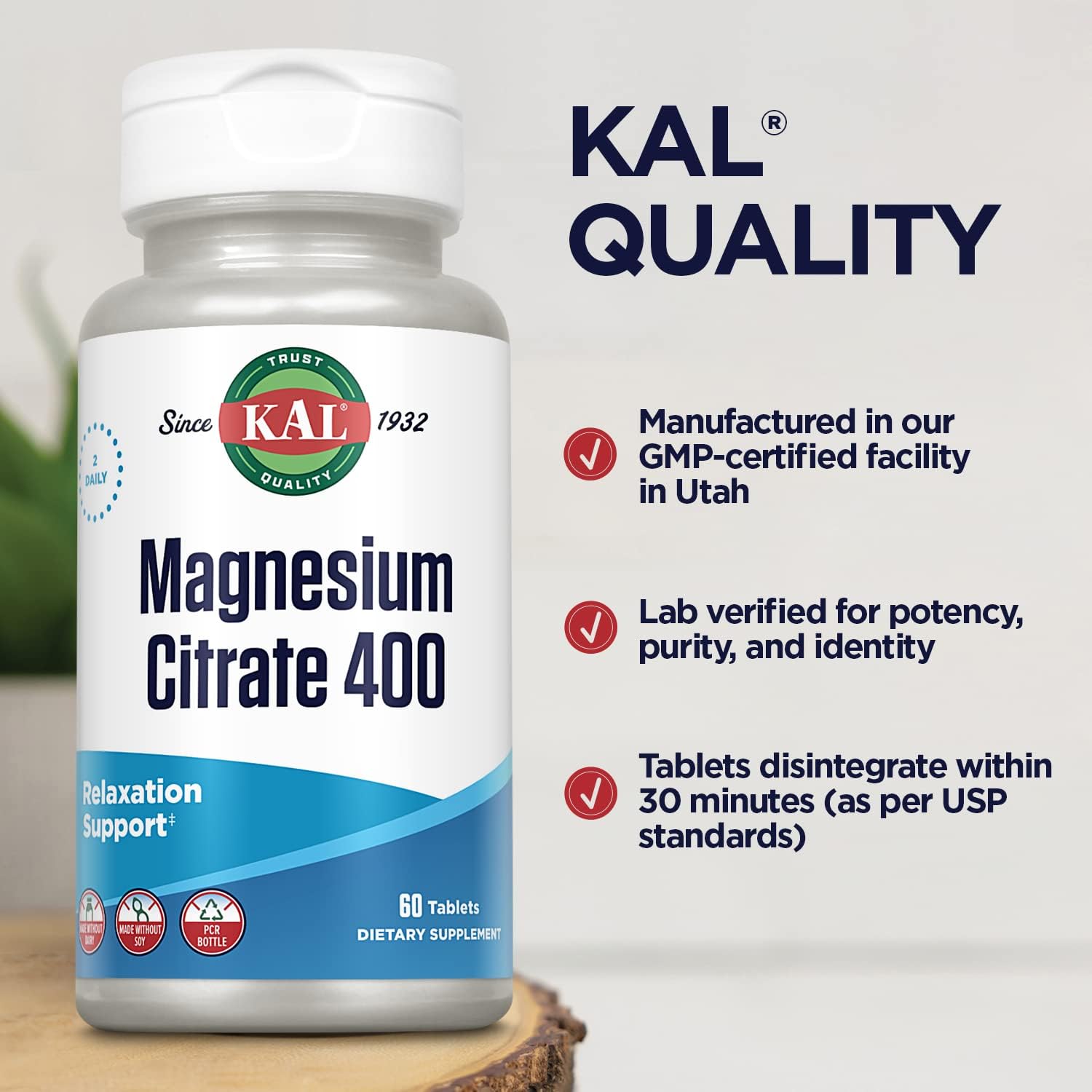 KAL Magnesium Citrate 400mg Vegan Gluten Free 60 Veg Tablets