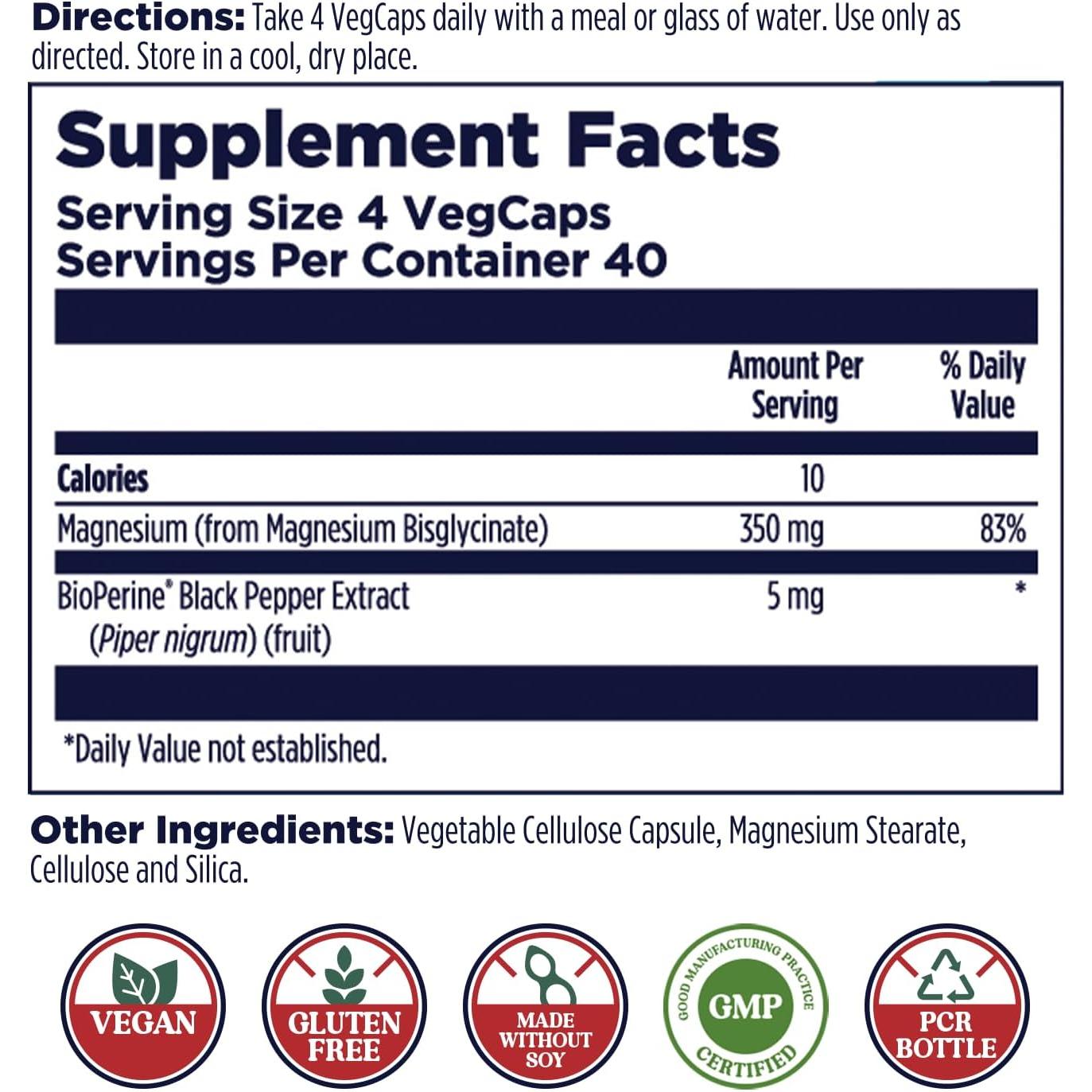 KAL Magnesium Glycinate Fully Chelated Magnesium Bisglycinate Vegan Non-GMO 160 Veg Capsules