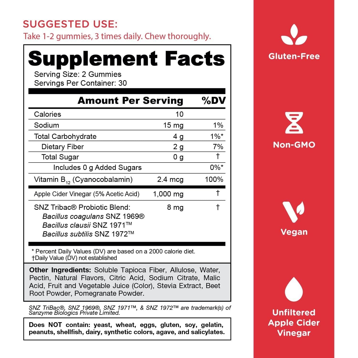 جولي نيوتريشن حلوى خل التفاح بدون سكر مع فيتامين ب12، بروبيوتيك، نباتية، خالية من الكائنات المعدلة وراثيًا، خالية من الغلوتين والجيلاتين - 60 حلوى