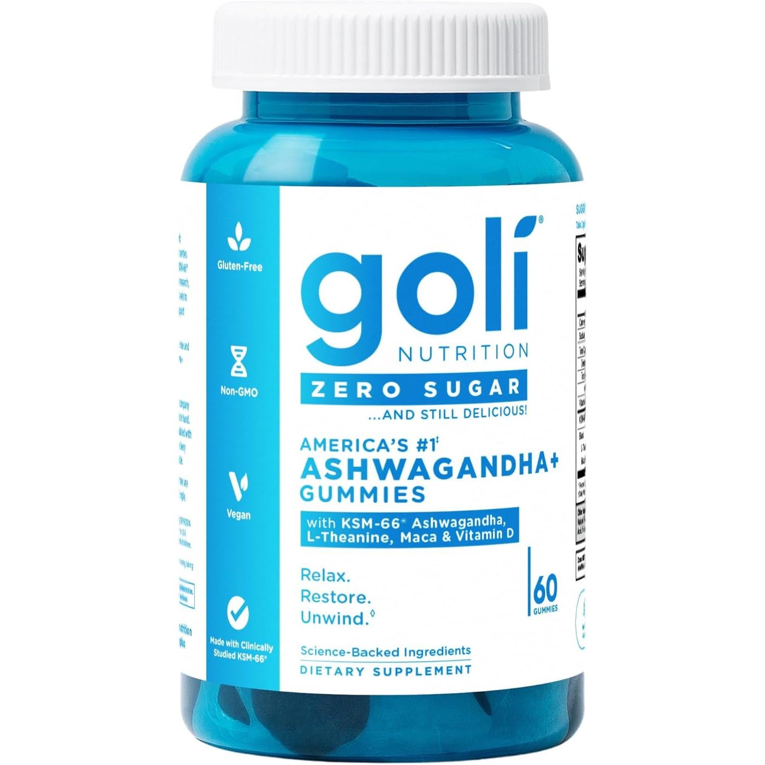 Goli Nutrition Zero Sugar Ashwagandha KSM-66 & Vitamin D, Maca, L-Theanine Gummies Vegan, Plant Based, Non-GMO, Gluten-Free & Gelatin Free - 60ct