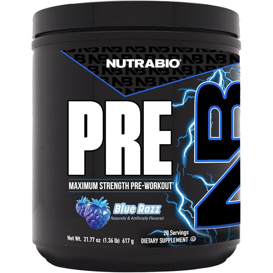 NutraBio Pre workout Powder, Blue Razz with Caffeine and Electrolytes 617g