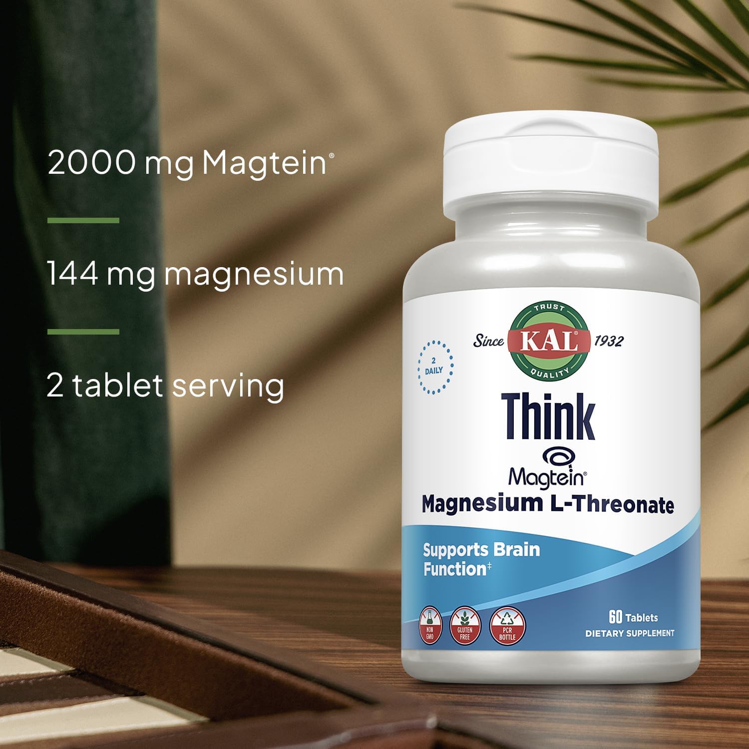 KAL Think Magnesium L-Threonate 2000 mg Vegan Gluten Free & Non-GMO 60 Tablets