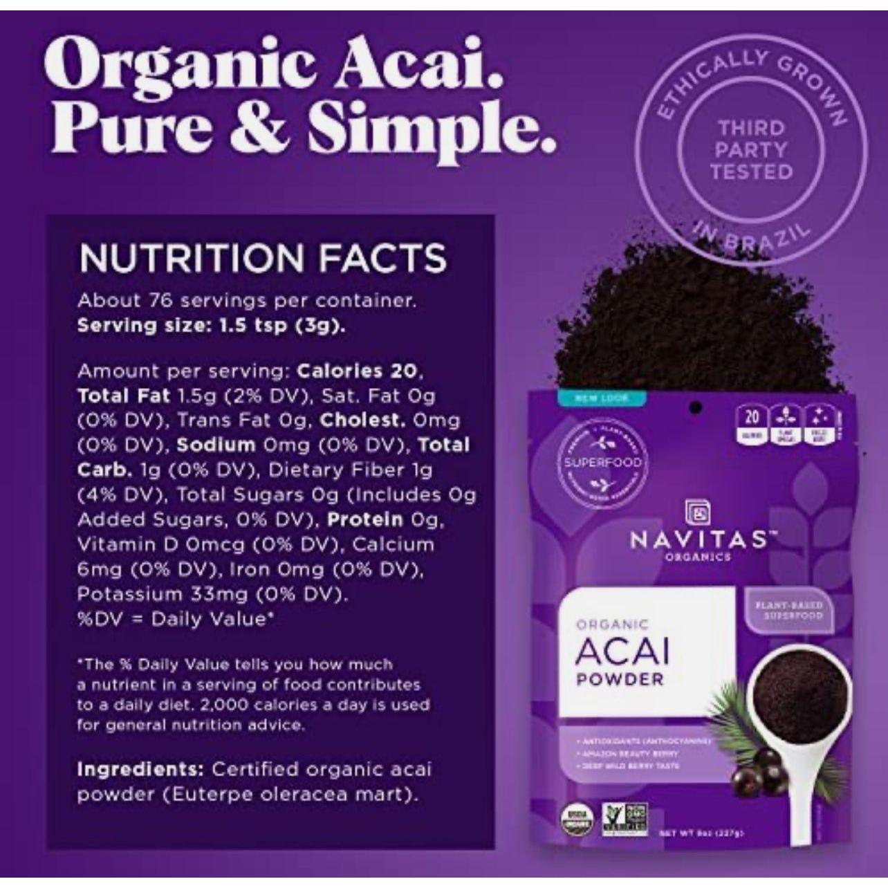 مسحوق توت الآساي العضوي من نافيتاس أورجانيكس، 227 غرام