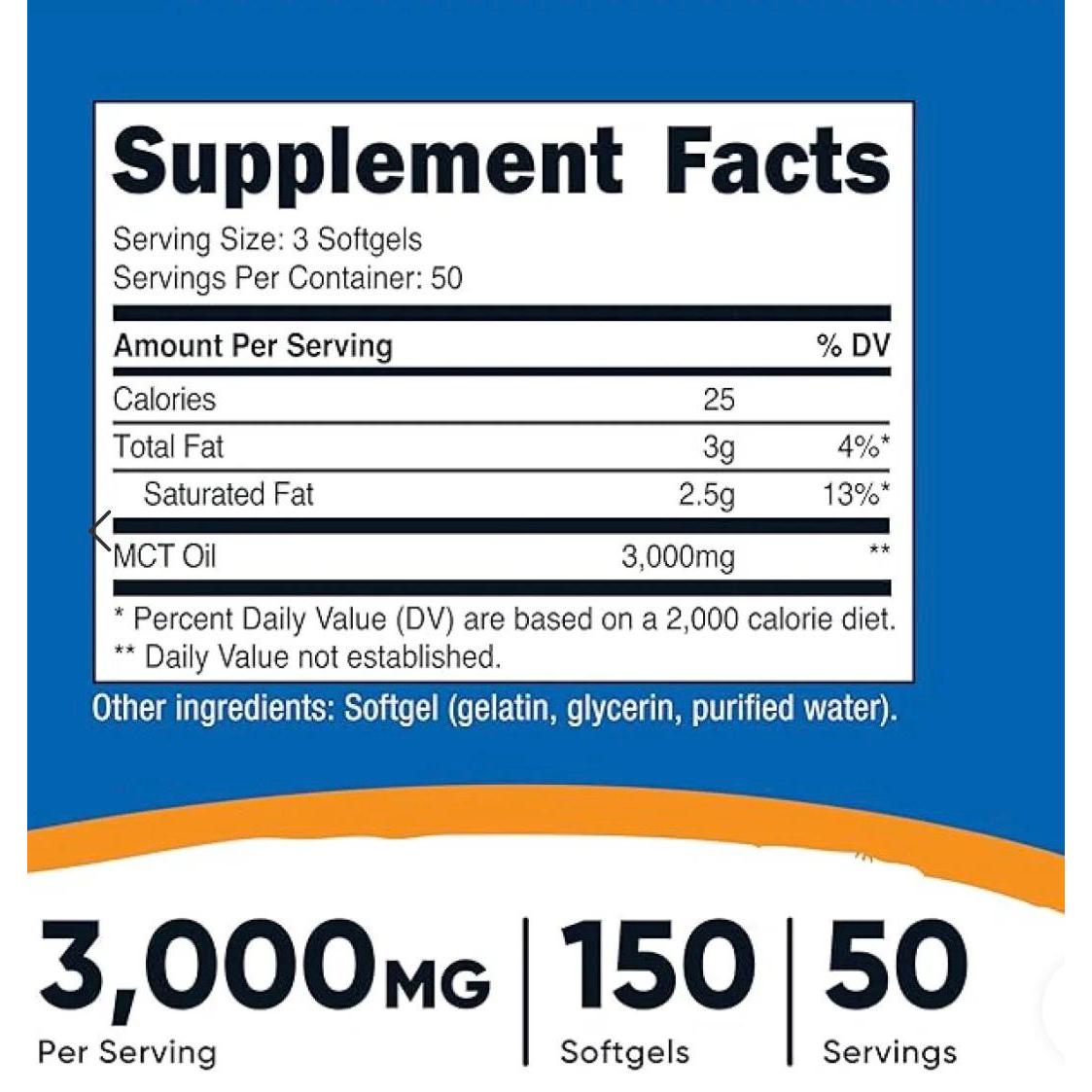 NUTRICOST MCT Oil, MCT Oil Softgels - 3000 MG Per Serving | 150 Softgels | 50 SERVINGS Dietary