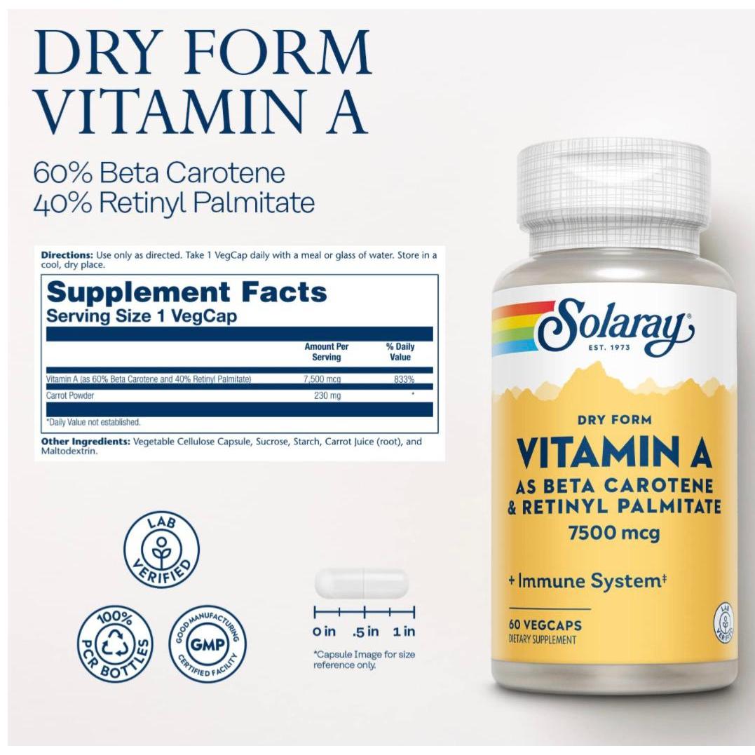 سولاراي الشكل الجاف لفيتامين (أ) في صورة بيتا كاروتين وريتينيل بالميتات مع مسحوق الجزر 60 كبسولة نباتية