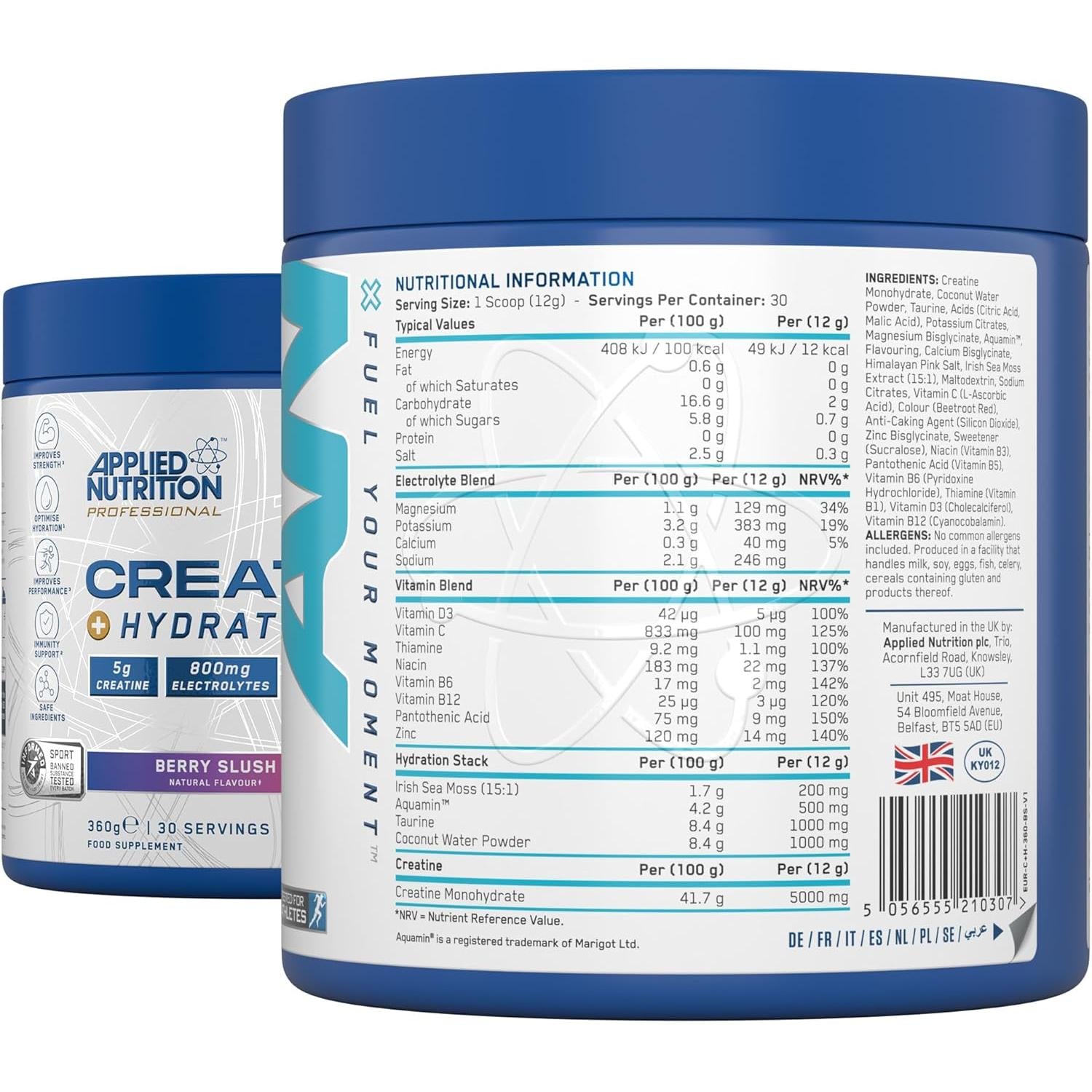 Applied Nutrition Creatine + Hydration Berry Slush with Coconut Water Powder, Irish Sea Moss, and Taurine 360g