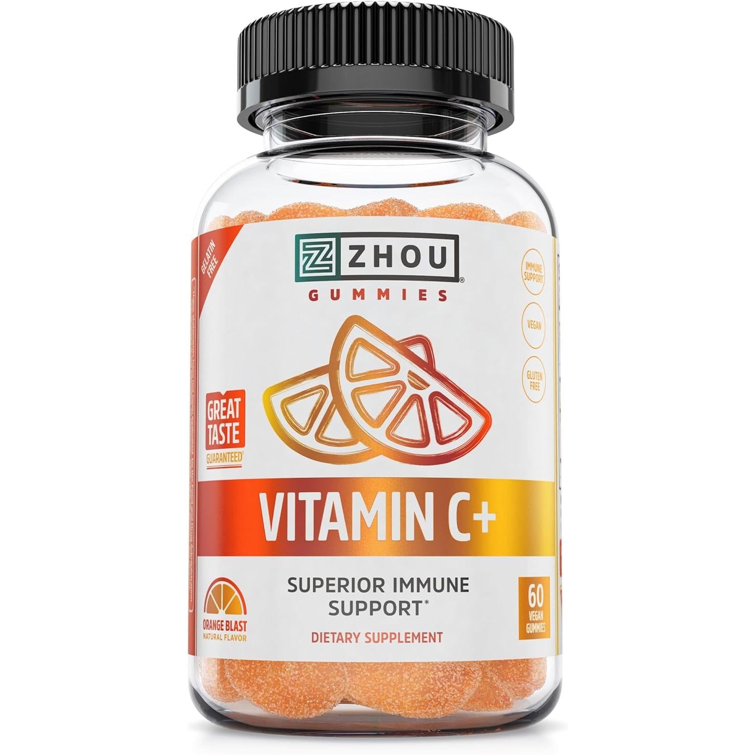 Zhou Vitamin C Gummies Adults and Kids 270 mg with Bioflavinoids and Acerola 60 Vegan Gummies