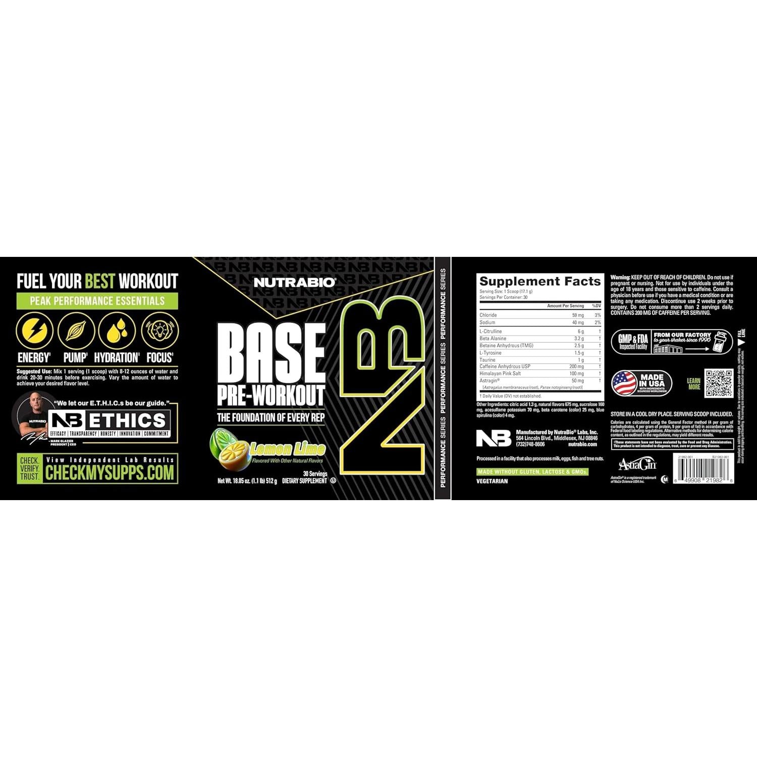NutraBio Base Pre-Workout Powder 200mg Caffeine Lemon Lime 512g