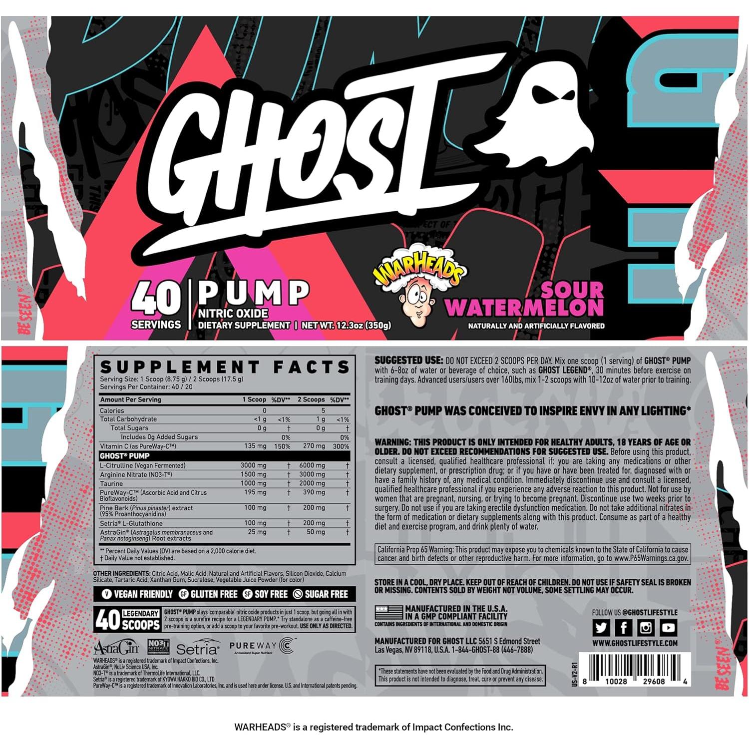 GHOST Pump Nitric Oxide Powder, Warheads Watermelon 350g