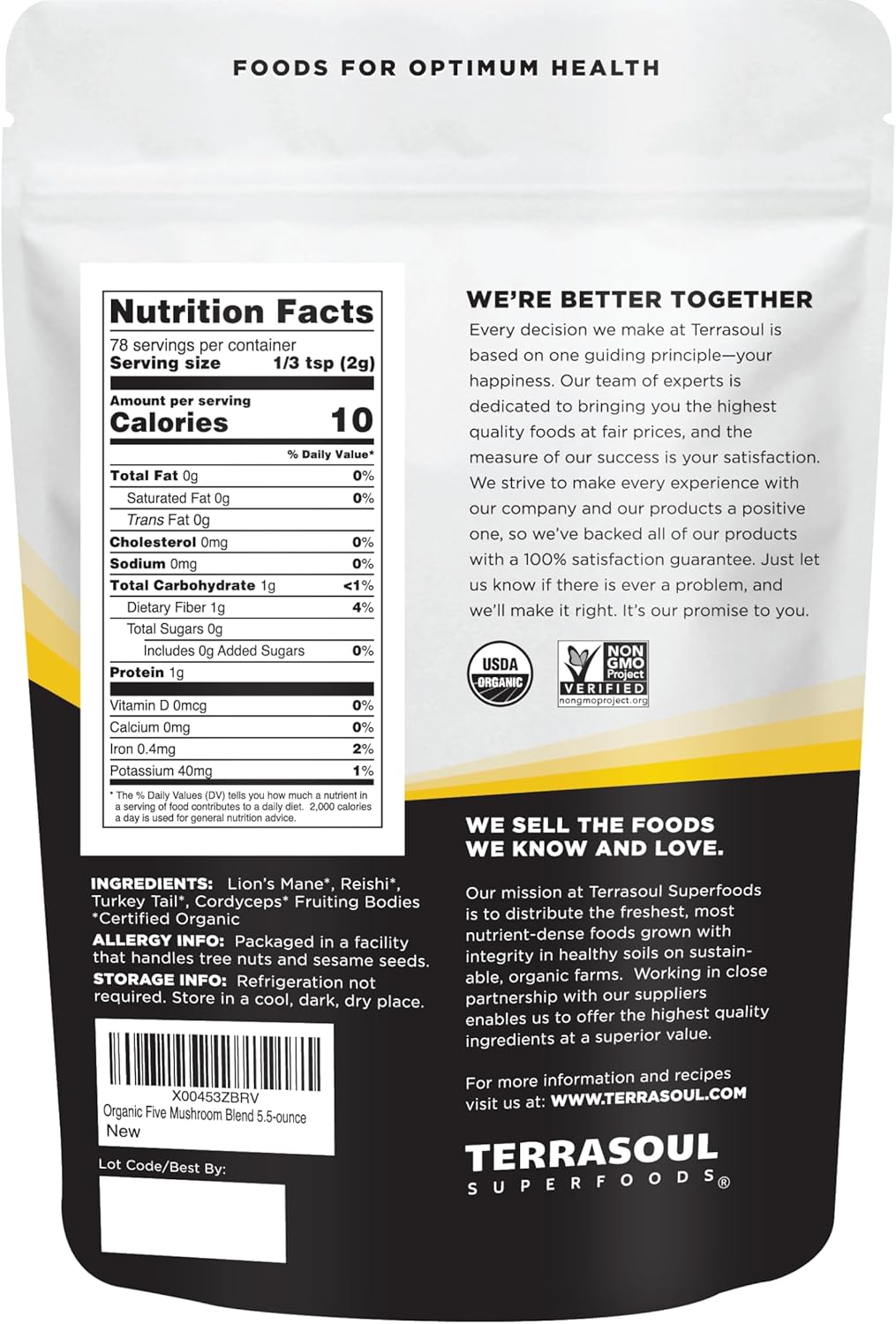 تيراسول سوبرفوودز مزيج الفطر العضوي ريشي، تشاجا، بدة الأسد، كورديسيبس، ذيل الديك الرومي 156غم