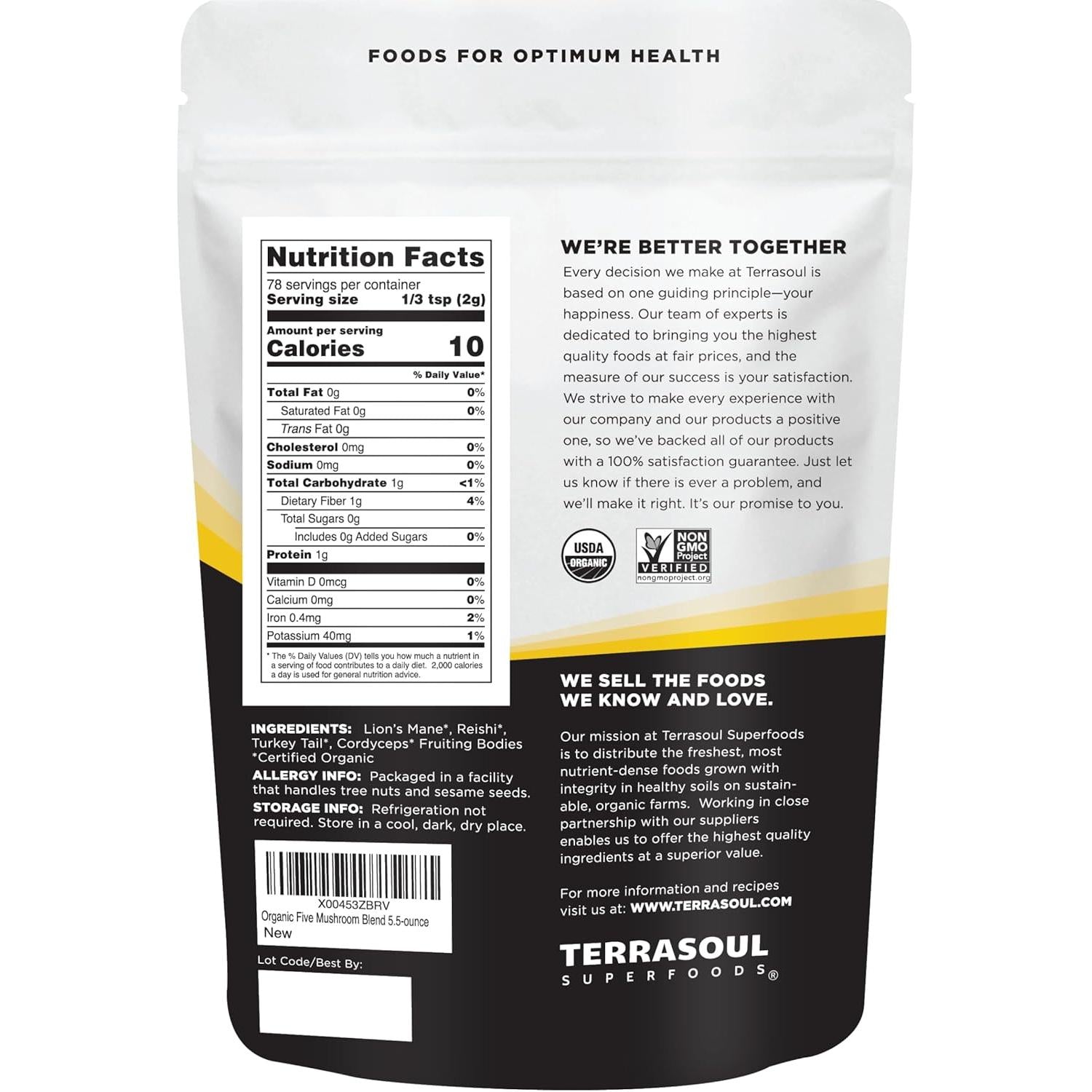 Terrasoul Superfoods Organic Five Mushroom Blend Reishi, Chaga, Lion’s Mane, Cordyceps, Turkey Tail 156g
