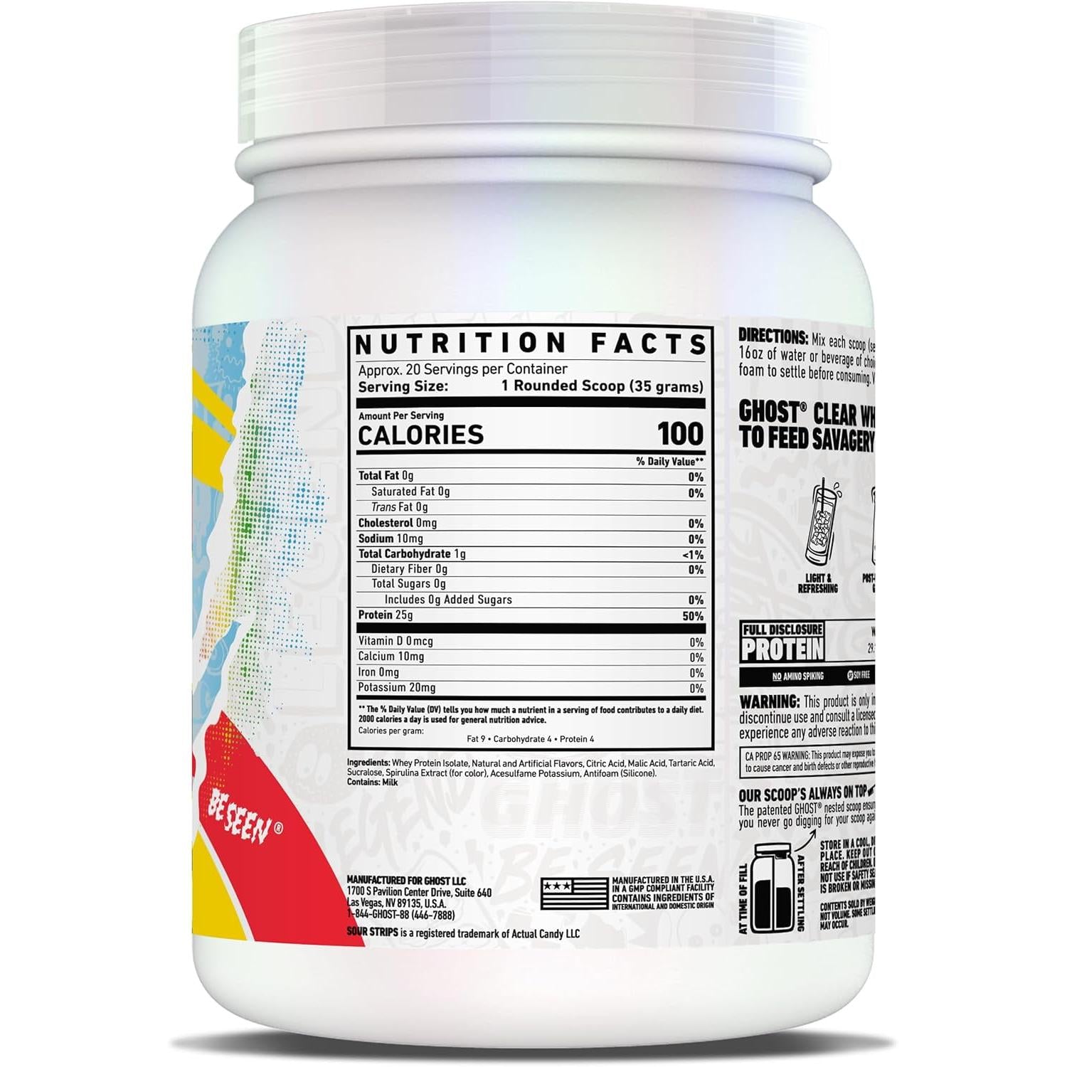 GHOST Clear Whey Isolate Protein Sour Strips 25g of Whey Protein Sugar Free, Soy Free & Zero Fat, 700g