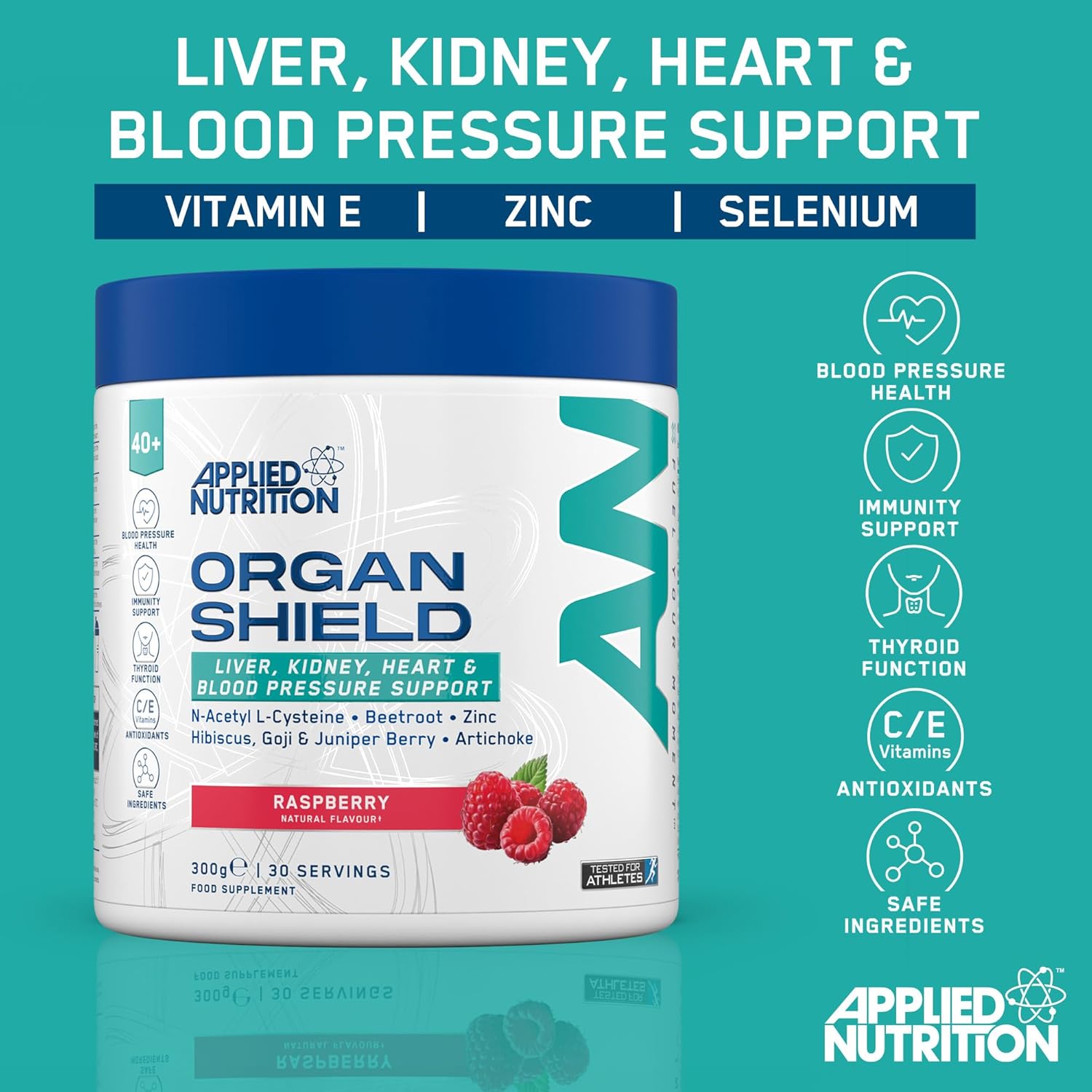 Applied Nutrition Organ Shield, Liver & Heart Health Antioxidant Support, Choline, CoQ10, Selenium & Botanicals Peach Flavour 300g