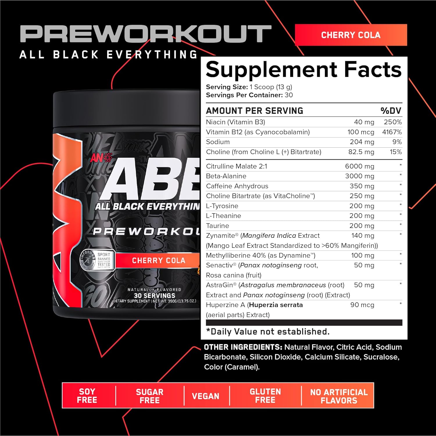 ABE All Black Everything Pre-Workout Cherry Cola with 200mg Caffeine, Beta Alanine & Citrulline 390g