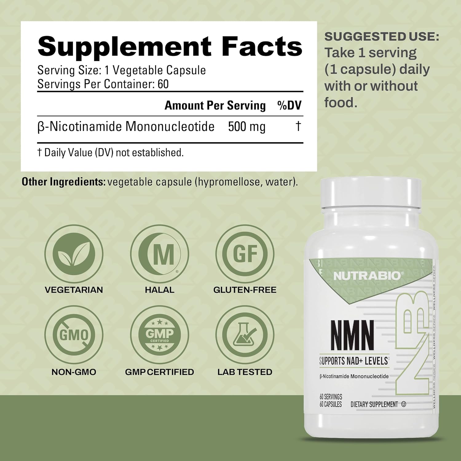 NutraBio NMN NAD Supplement, 60 Capsules