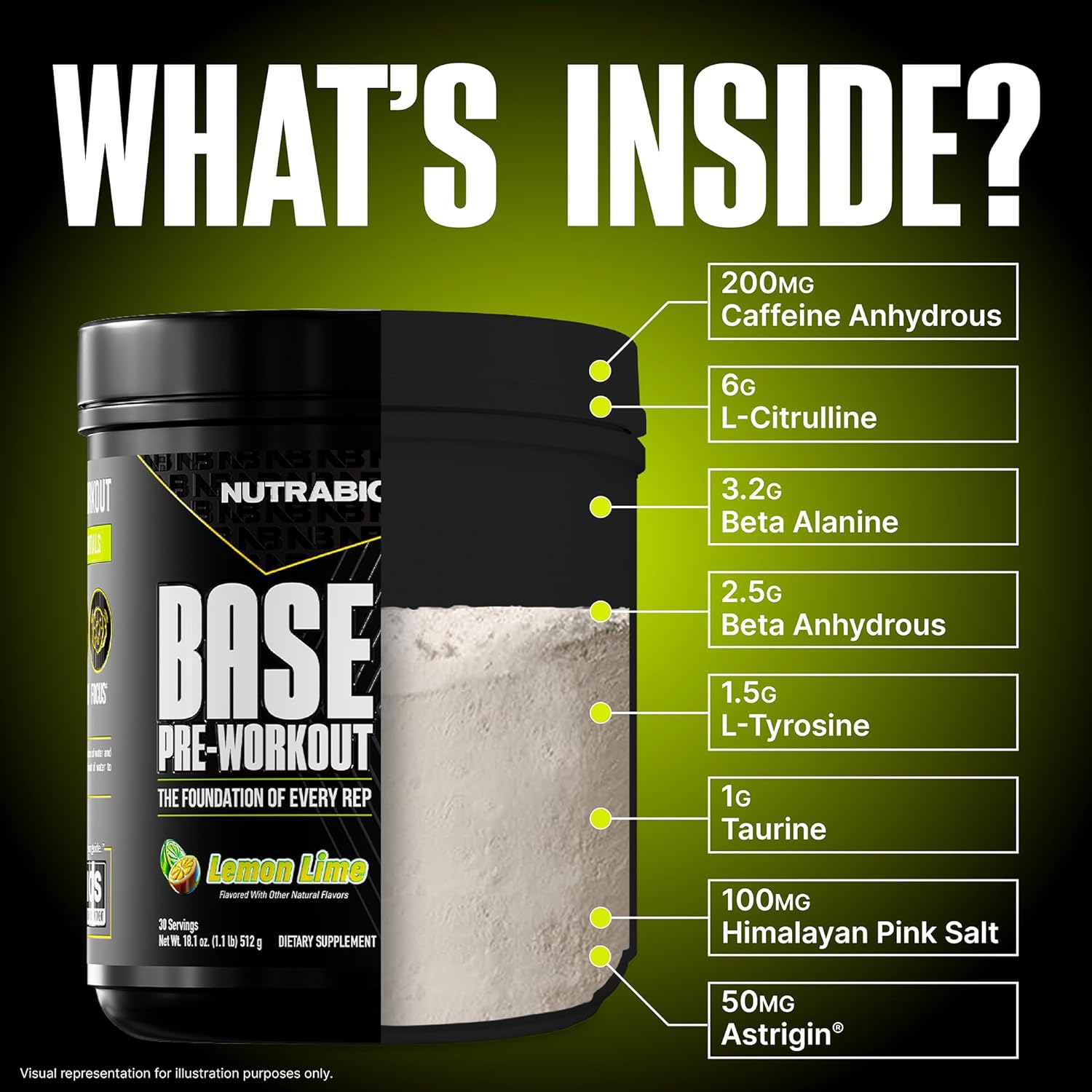NutraBio Base Pre-Workout Powder 200mg Caffeine Lemon Lime 512g
