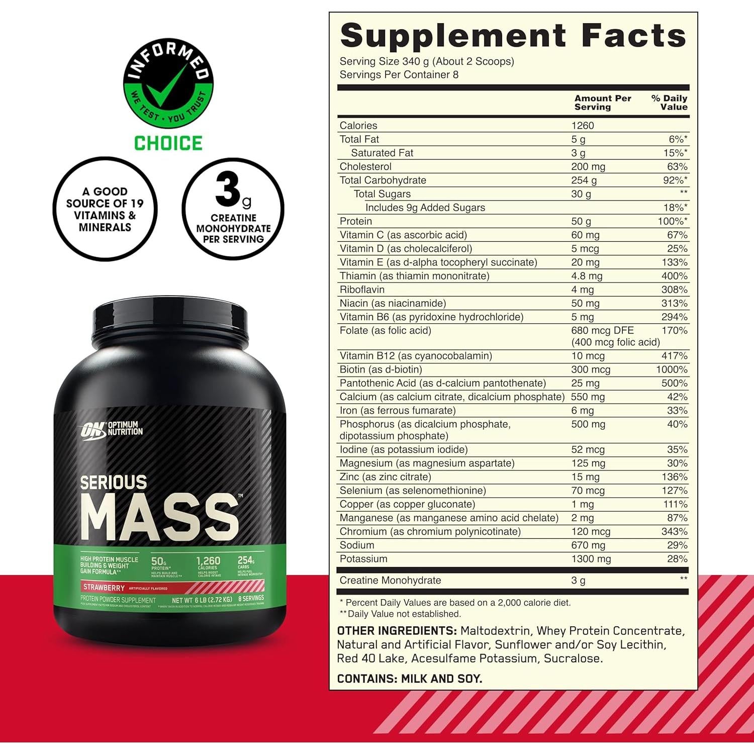 Optimum Nutrition Serious Mass Weight Gainer Protein Powder Strawberry 2.72 kg