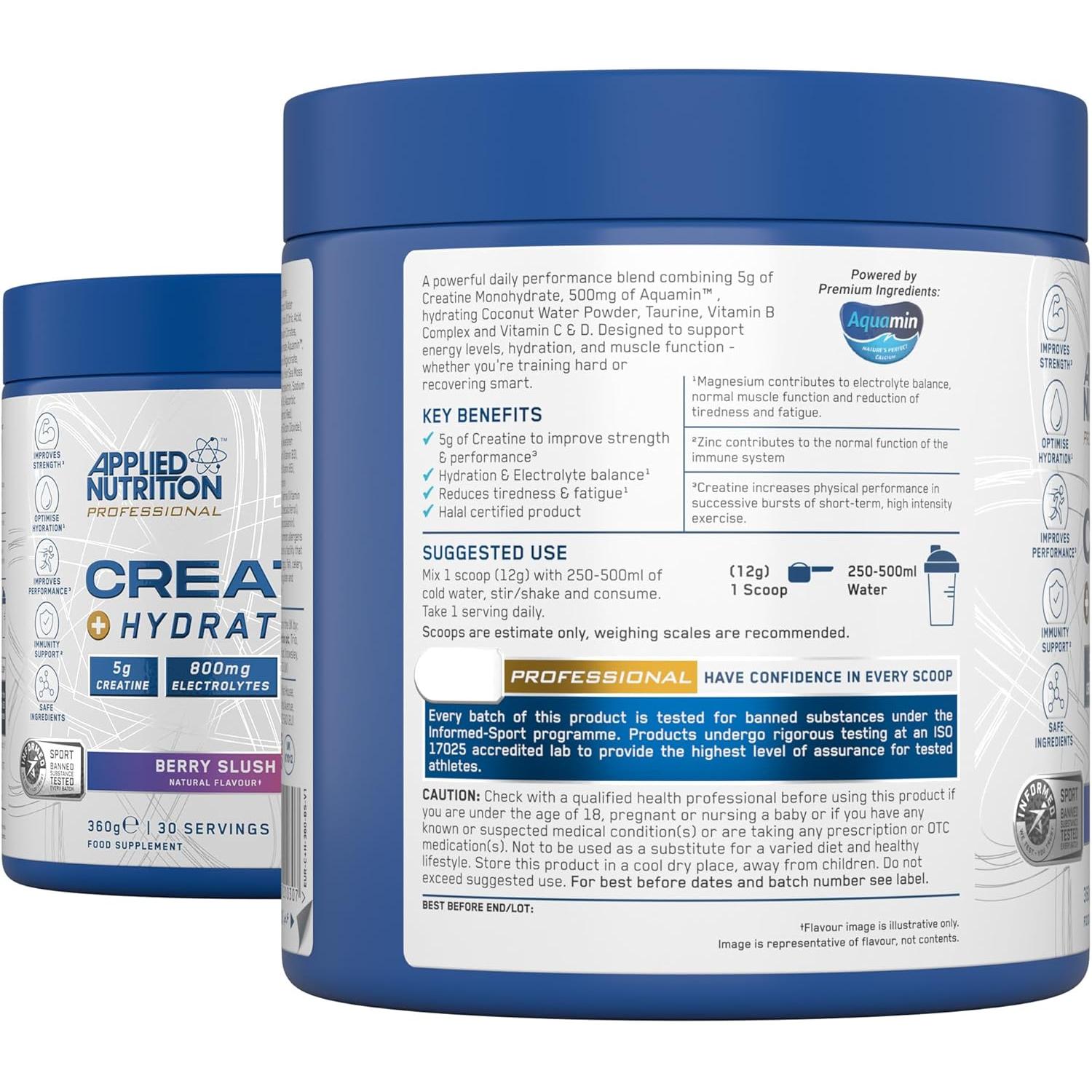 Applied Nutrition Creatine + Hydration Berry Slush with Coconut Water Powder, Irish Sea Moss, and Taurine 360g