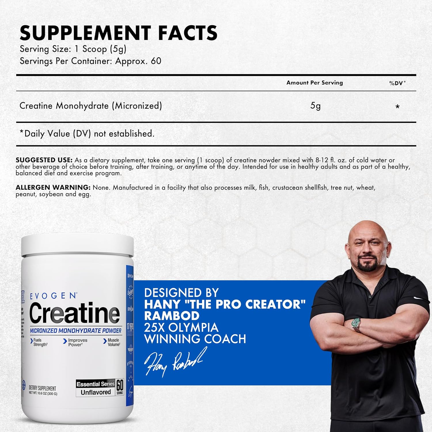 Evogen Creatine Micronized Monohydrate, Unflavored, 60 serv,300g
