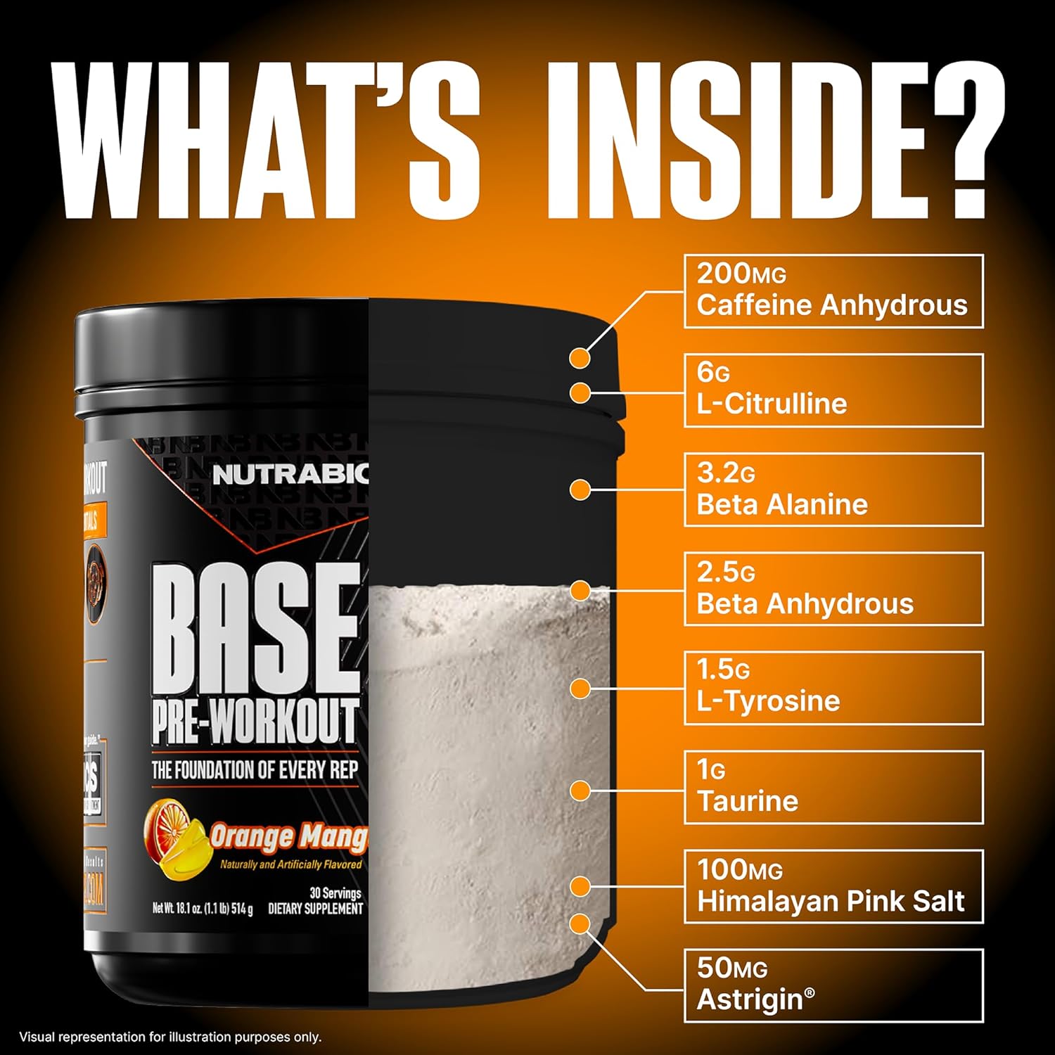 NutraBio Base Pre-Workout Powder 200mg Caffeine, Orange Mango 514g