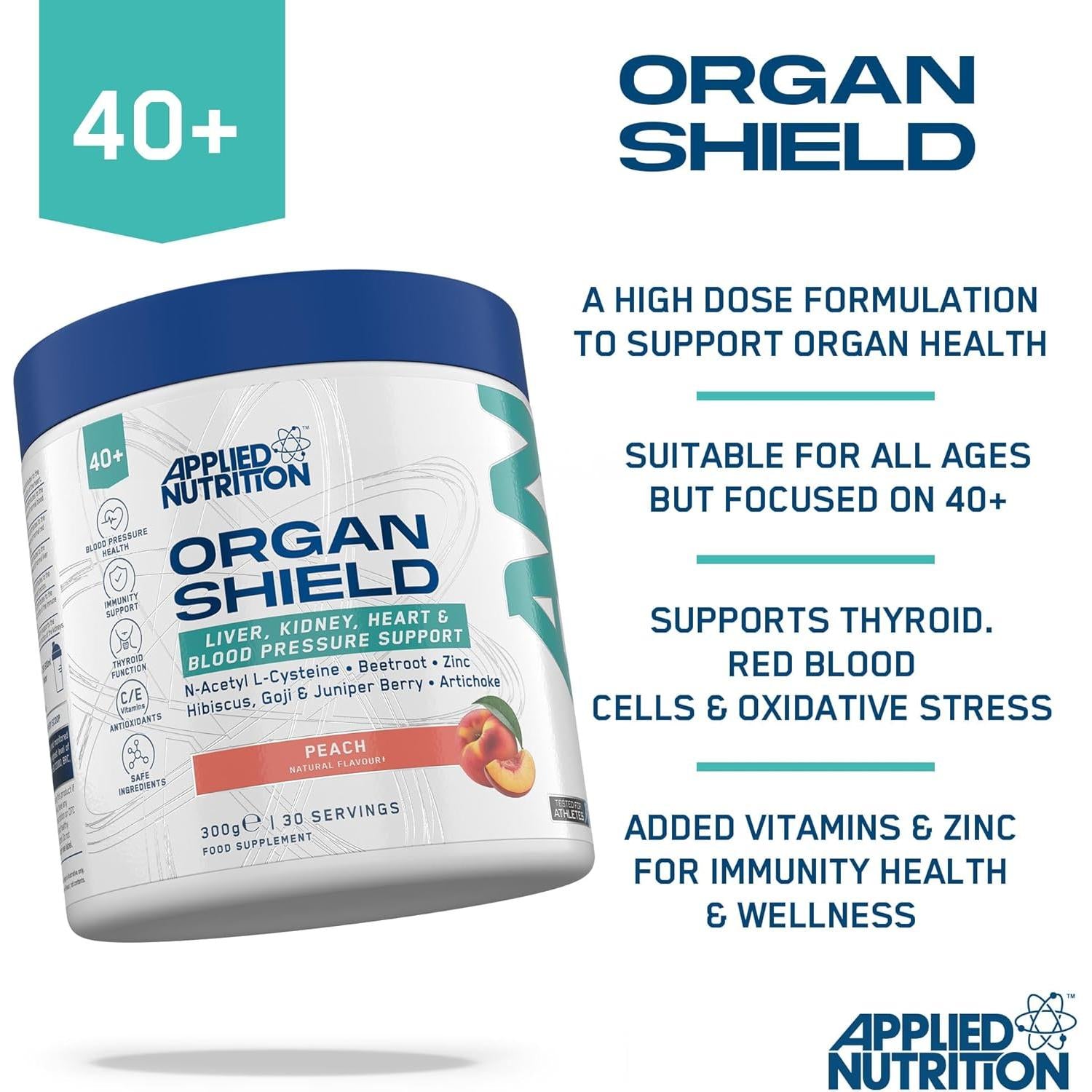 Applied Nutrition Organ Shield, Liver & Heart Health Antioxidant Support, Choline, CoQ10, Selenium & Botanicals Raspberry Flavour 300g
