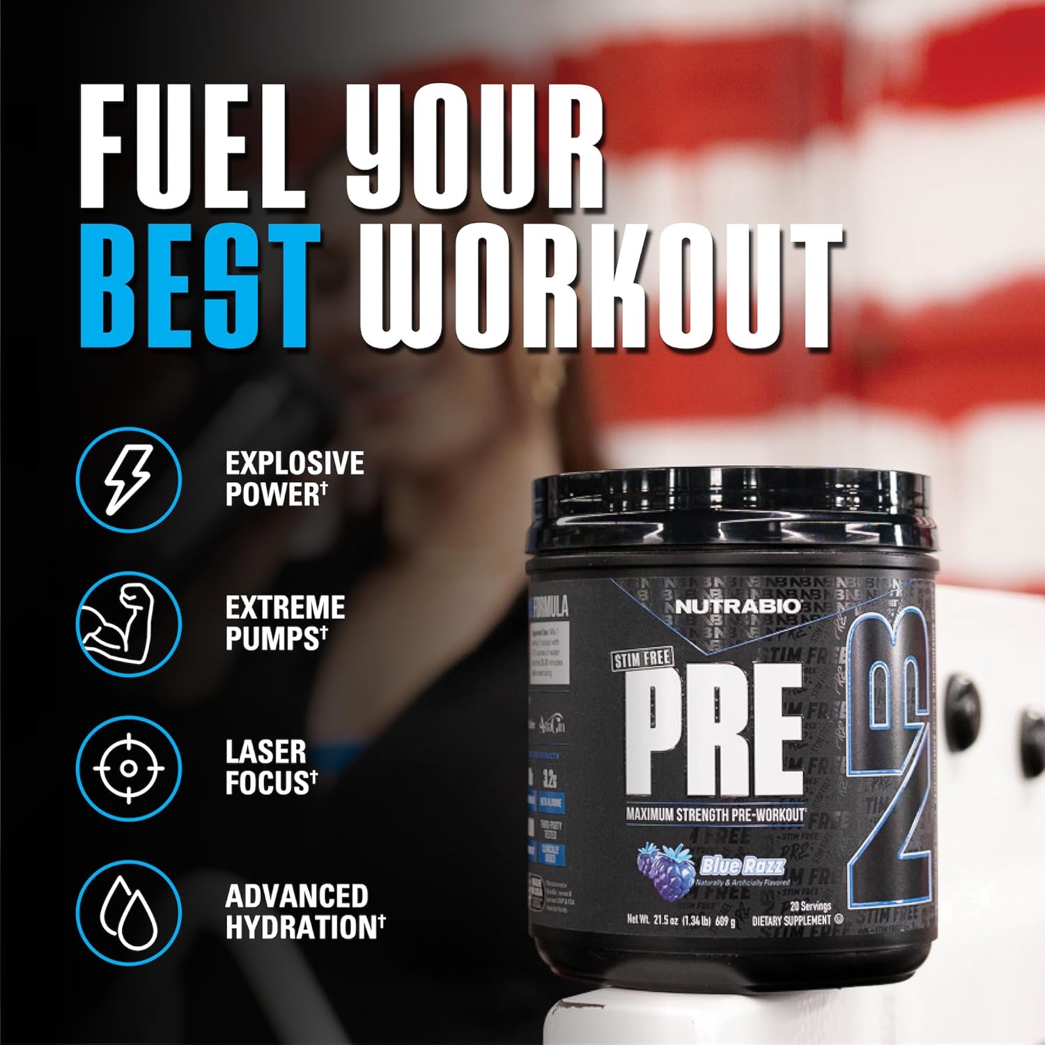 NutraBio STIM-Free PRE Workout, 20 Servings Blue Razz 609g