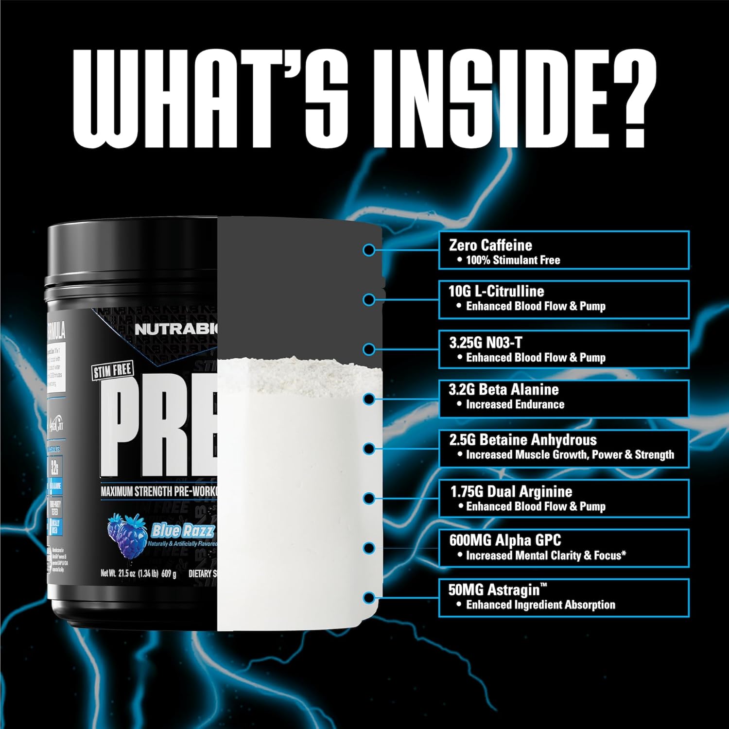 NutraBio STIM-Free PRE Workout, 20 Servings Blue Razz 609g