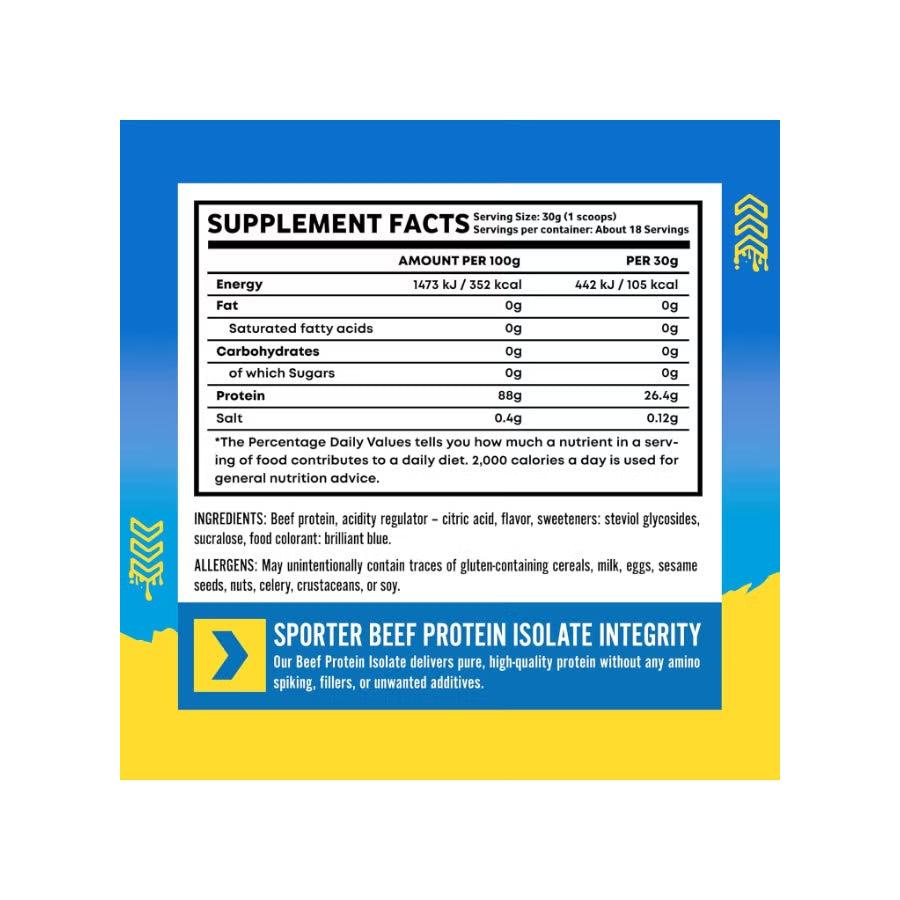 Sporter Beef Protein Isolate Blue Raspberry, Hydrolyzed Beef Protein Powder with Complete Amino Acid Profile & High Protein Content 540g