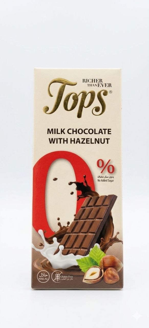 Tops 0% No Added Sugar Milk Chocolate with Hazelnut - 50g