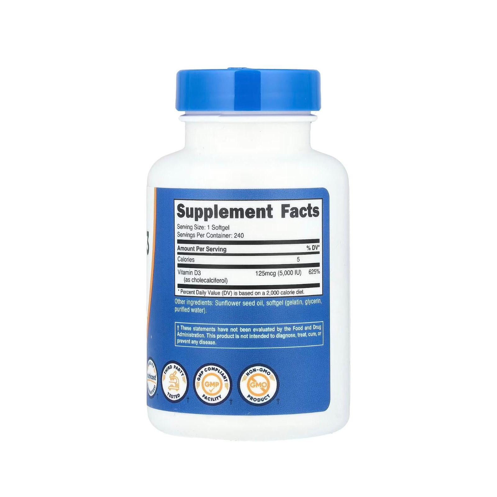 نيوتريكوست فيتامين د3 5,000 وحدة دولية (125 ميكروغرام) 240 كبسولة هلامية غير معدلة وراثياً وخالية من الغلوتين