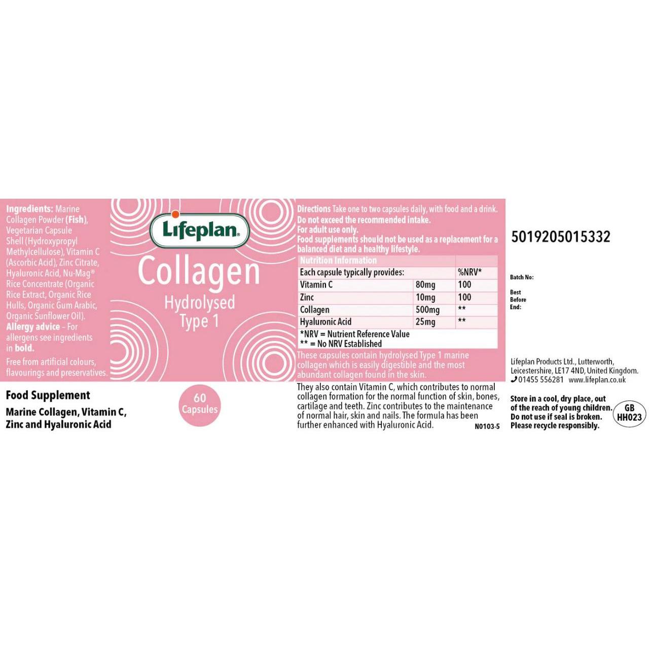 Lifeplan Collagen Hydrolysed Type 1 Collagen Premium Skin and Tissue Support – 60 Capsules