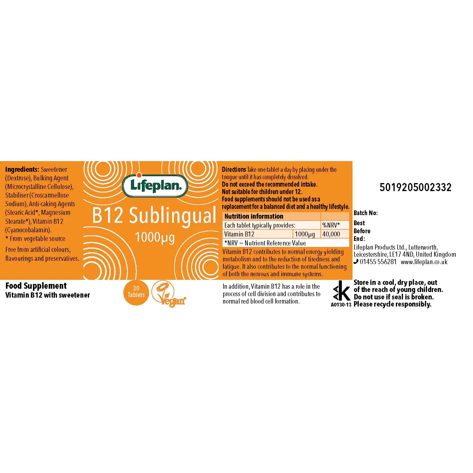 Lifeplan B12 1000ug (Sublingual) x 30 Tablets