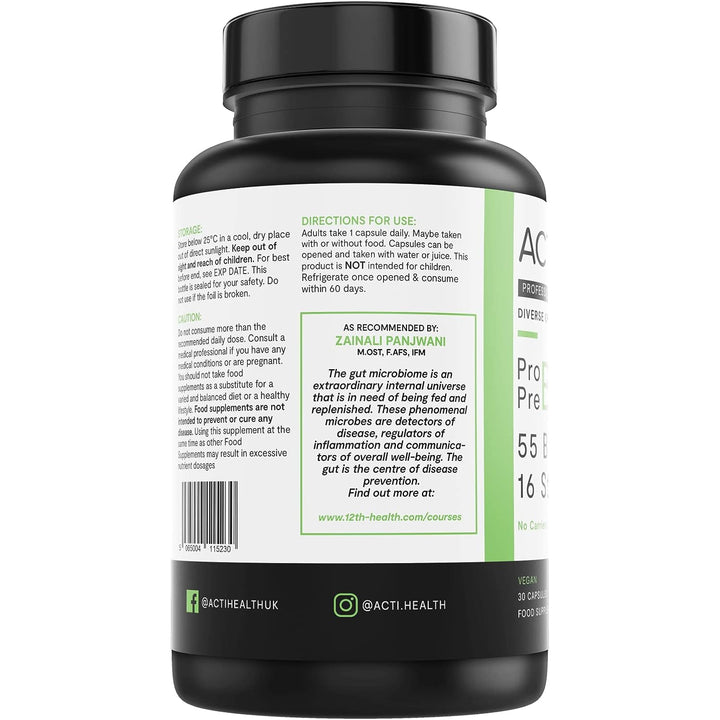 ActiHealth ActiGut Diverse Gut Complex Probiotic & Prebiotic 55 Billion 16 Strains Vegan Certified 30 Veg Capsules