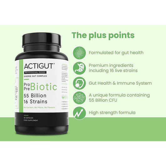 ActiHealth ActiGut Diverse Gut Complex Probiotic & Prebiotic 55 Billion 16 Strains Vegan Certified 30 Veg Capsules