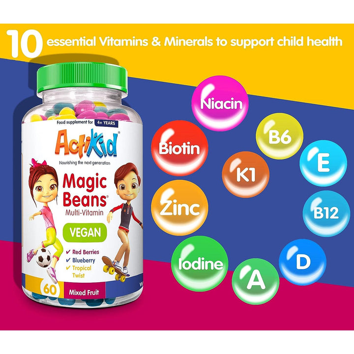 ActiKid Magic Beans Multivitamins For Children 4+ Years Gelatin Free and Vegan Mixed Fruit 60 Beans