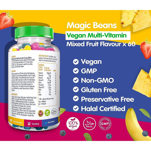 ActiKid Magic Beans Multivitamins For Children 4+ Years Gelatin Free and Vegan Mixed Fruit 60 Beans