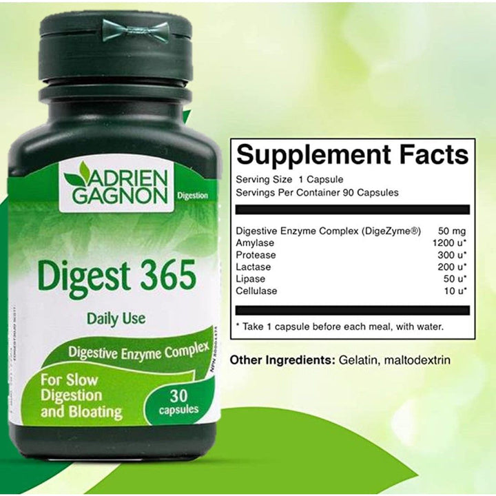 Adrien Gagnon Digest 365 Natural Digestive Enzymes Complex Vegan Gluten Free Dairy Free 30 capsules