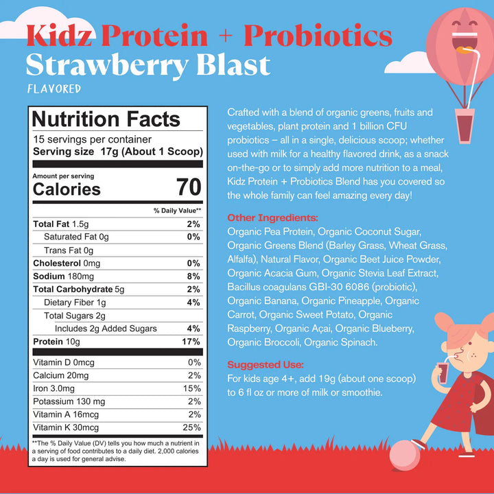 Amazing Grass Kidz Superfood Protein + Probiotics Strawberry Blast, Vegan Protein & Probiotics for Kids with Beet Root & Leafy Greens 255g