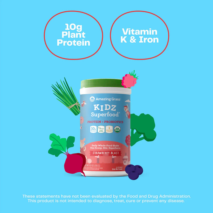 Amazing Grass Kidz Superfood Protein + Probiotics Strawberry Blast, Vegan Protein & Probiotics for Kids with Beet Root & Leafy Greens 255g