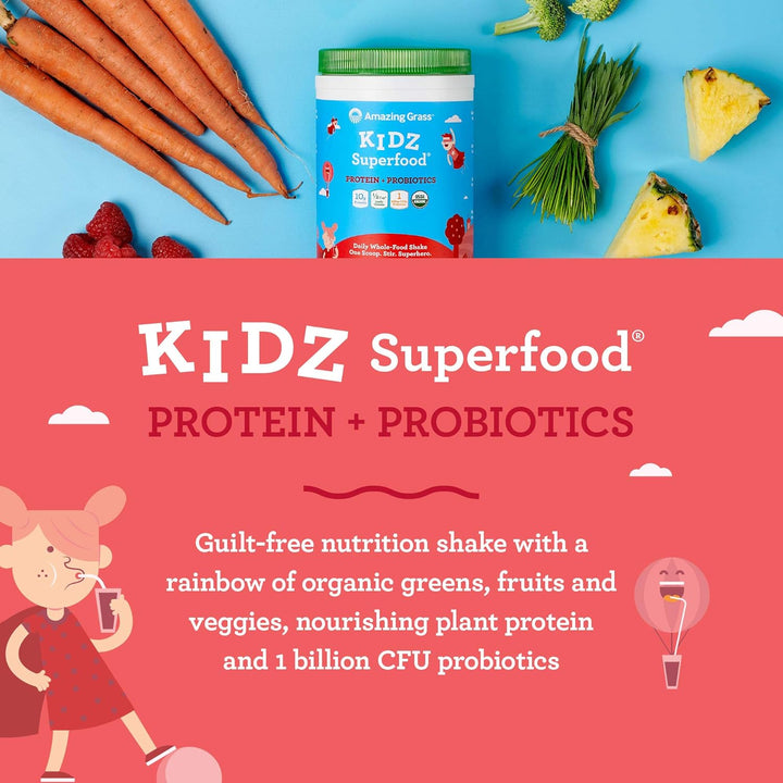 Amazing Grass Kidz Superfood Protein + Probiotics Strawberry Blast, Vegan Protein & Probiotics for Kids with Beet Root & Leafy Greens 255g