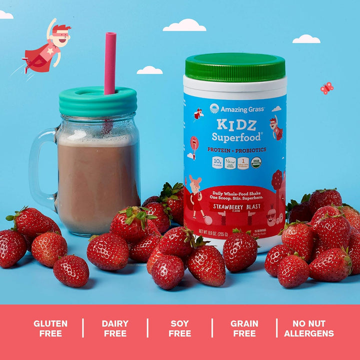 Amazing Grass Kidz Superfood Protein + Probiotics Strawberry Blast, Vegan Protein & Probiotics for Kids with Beet Root & Leafy Greens 255g