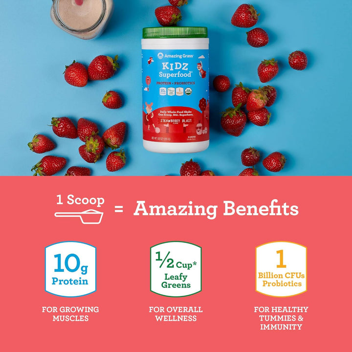 Amazing Grass Kidz Superfood Protein + Probiotics Strawberry Blast, Vegan Protein & Probiotics for Kids with Beet Root & Leafy Greens 255g