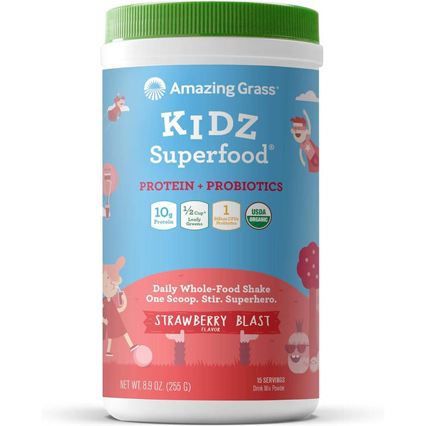 Amazing Grass Kidz Superfood Protein + Probiotics Strawberry Blast, Vegan Protein & Probiotics for Kids with Beet Root & Leafy Greens 255g