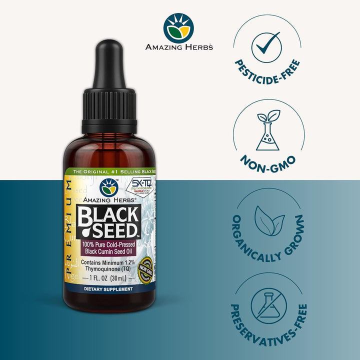 Amazing Herbs Premium Black Seed Cumin Seed Oil 100% Pure Cold Pressed Nigella Sativa 30ml