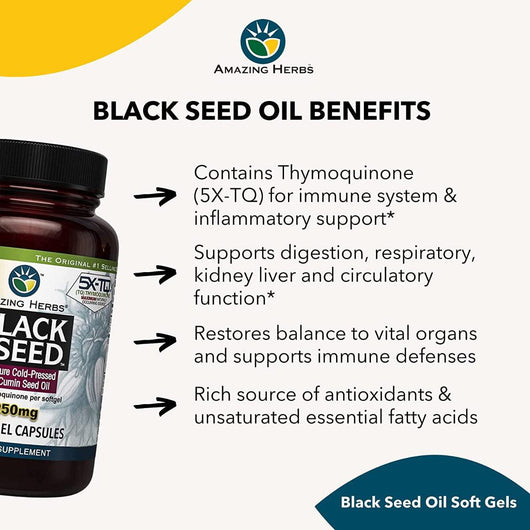 Amazing Herbs Premium Black Seed Oil Capsules 1250mg High Potency Cold Pressed Nigella Sativa 60 Softgels