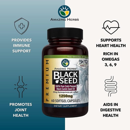 Amazing Herbs Premium Black Seed Oil Capsules 1250mg High Potency Cold Pressed Nigella Sativa 60 Softgels