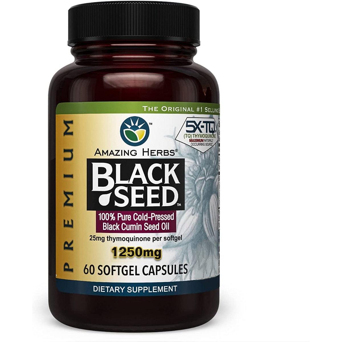 Amazing Herbs Premium Black Seed Oil Capsules 1250mg High Potency Cold Pressed Nigella Sativa 60 Softgels