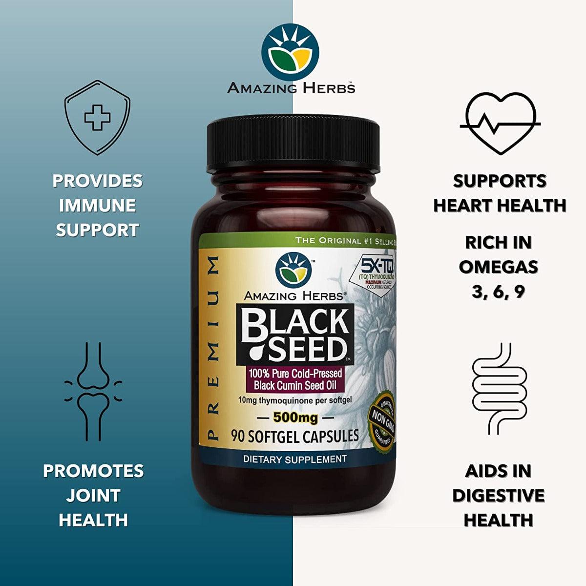 Amazing Herbs Premium Black Seed Oil Capsules 500mg High Potency Cold Pressed Nigella Sativa 90 Softgels