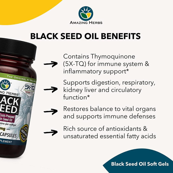 Amazing Herbs Premium Black Seed Oil Capsules 500mg High Potency Cold Pressed Nigella Sativa 90 Softgels